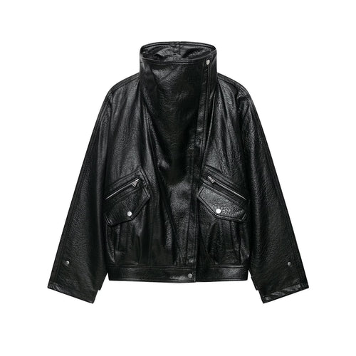 Damen Oversized Kunstlederjacke mit hohem Stehkragen und Zipper-Taschen Echoarchiv