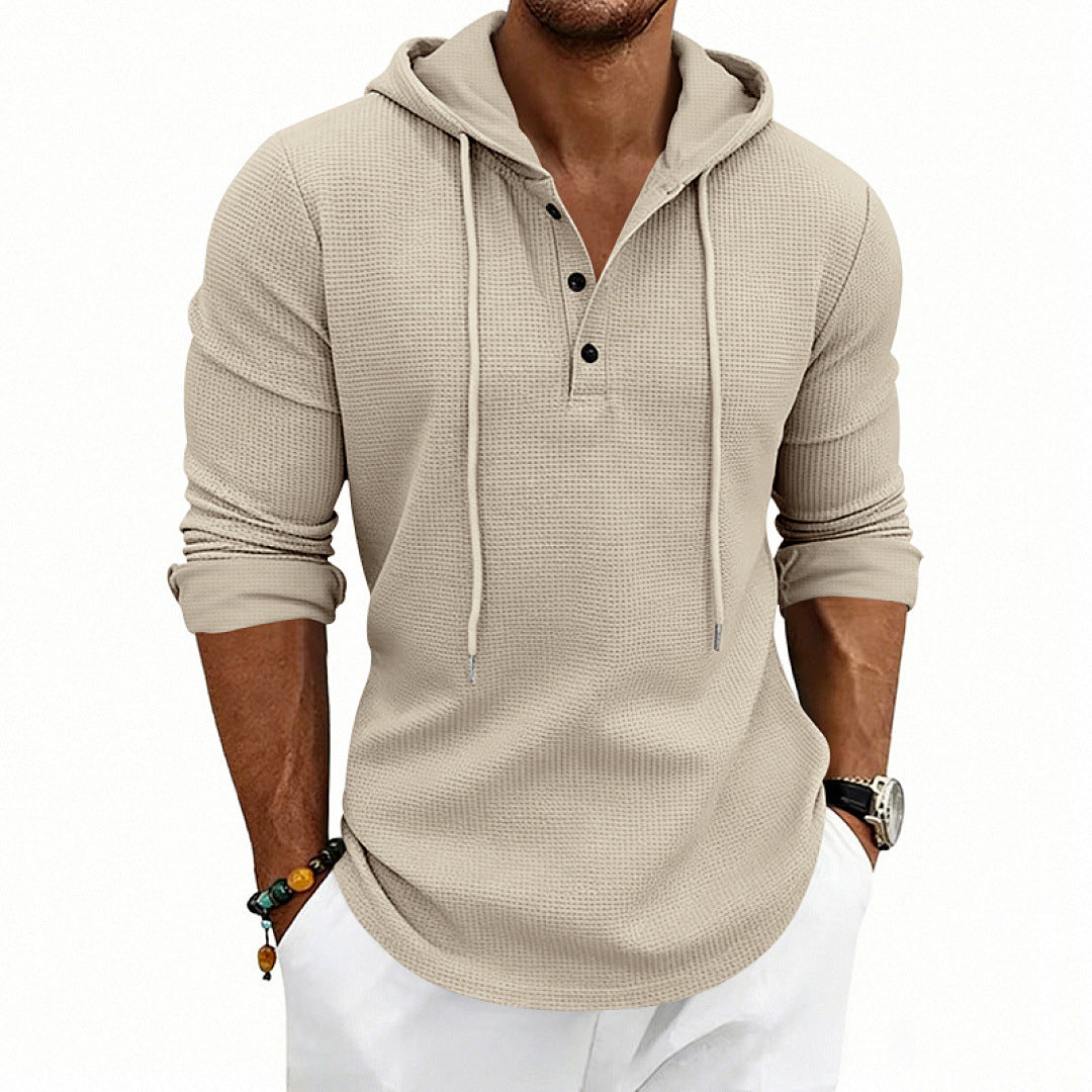 Herren Waffelstrick-Henley-Hoodie mit Knopfleiste und Kapuze – Cavarno
