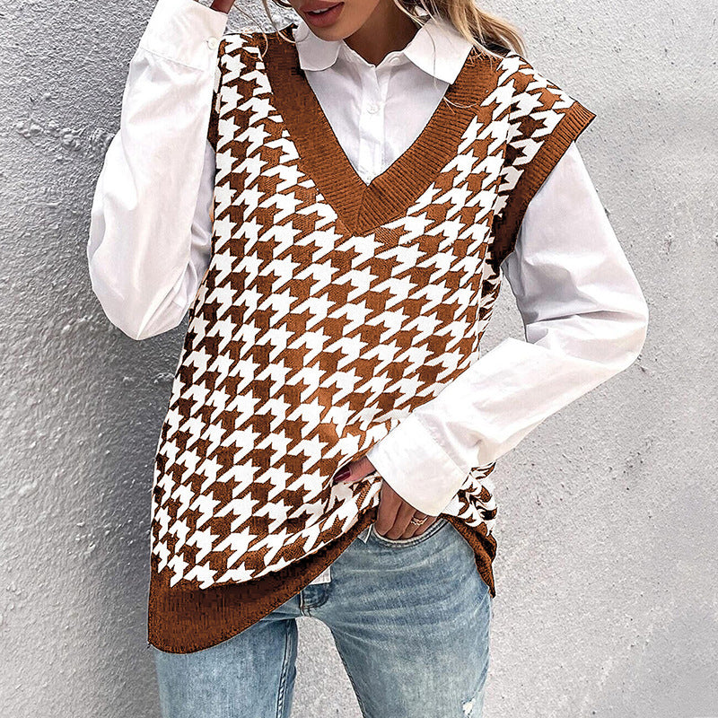 Damen Oversize Strickweste mit Hahnentritt‑Muster und tiefem V‑Ausschnitt Echoarchiv