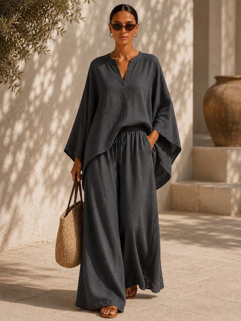 Damen Leichte Leinenmischung Übergroße Kaftan-Oberteil und Kordelzug Weitbein-Hosen Set – Élanora
