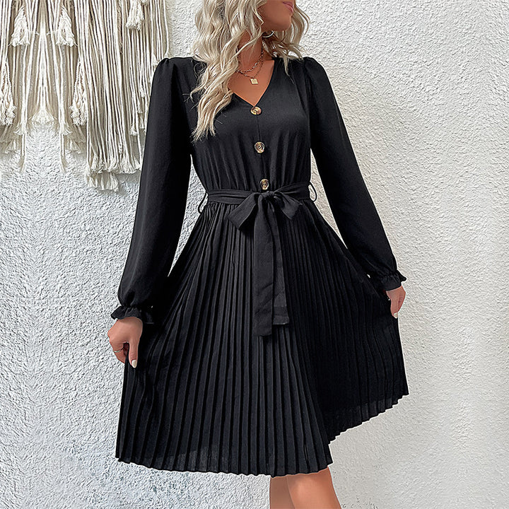 Damen Midikleid mit V-Ausschnitt, tailliertem Bindegürtel und plissiertem Tellerrock Echoarchiv