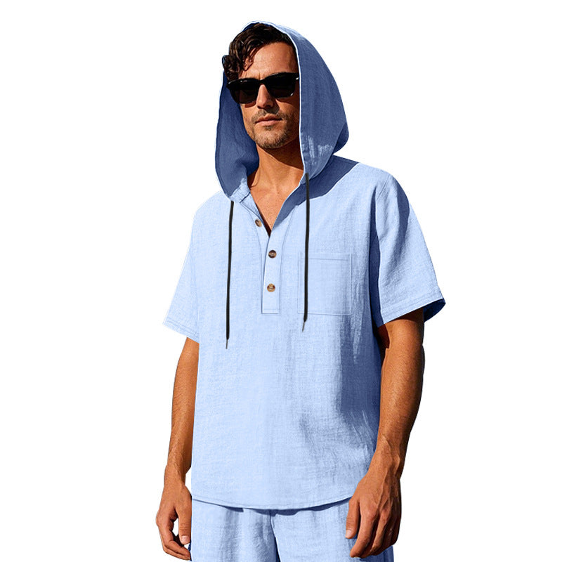 Herren lässiges Kapuzen-Sommerhemd mit Knopfleiste und Brusttasche Echoarchiv