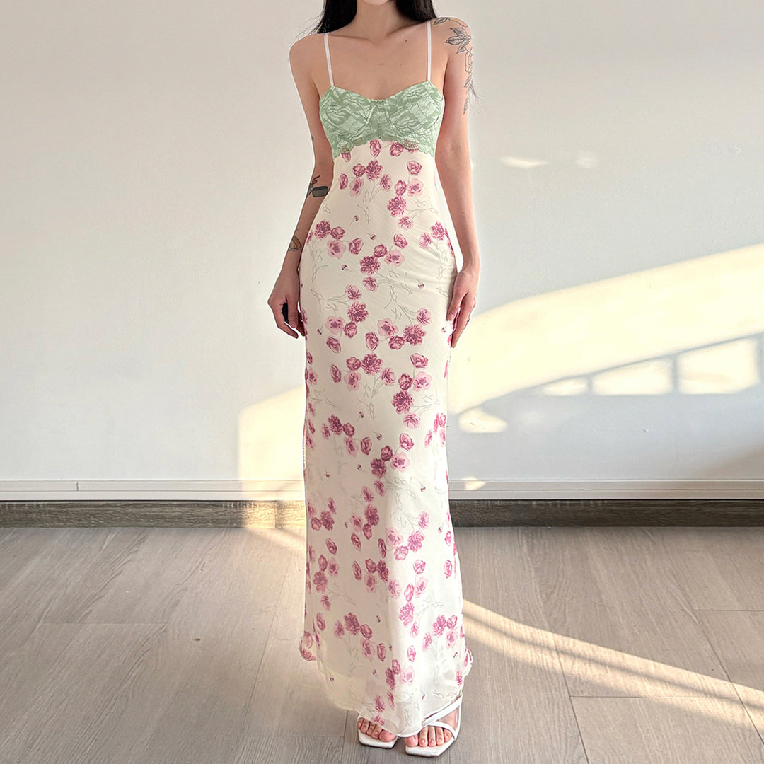 Damen Maxikleid mit floralem Spitzenoberteil und zarten Spaghettiträgern Echo Archiv
