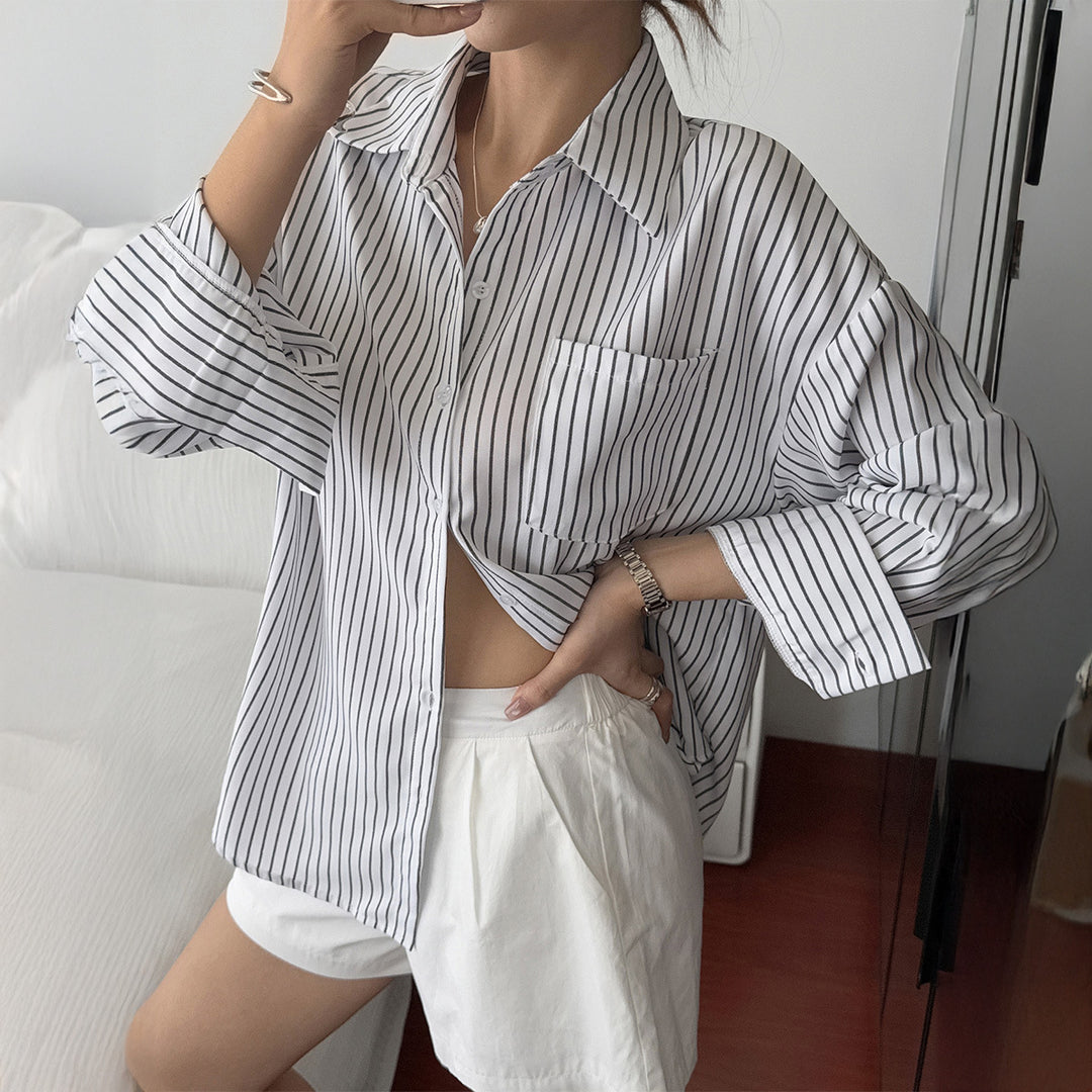 Damen nan oversized Hemdbluse mit kastigem Schnitt, Brusttasche und abgerundetem Saum Echo Archiv
