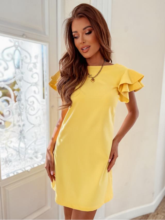 Damen Kurzarm Kleid mit Rüschenärmeln und Geradem Schnitt Echoarchiv