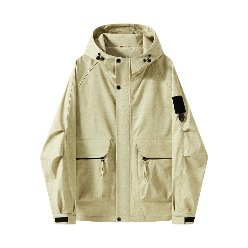 Herren Wasserabweisende Utility-Jacke mit Kapuze, verdecktem Reißverschluss & multifunktionalen Taschen Echoarchiv