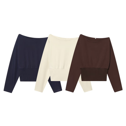 Damen Oversize Off-Shoulder Cropped-Pullover mit Fledermausärmeln und breitem Rippbündchen Echo Archiv