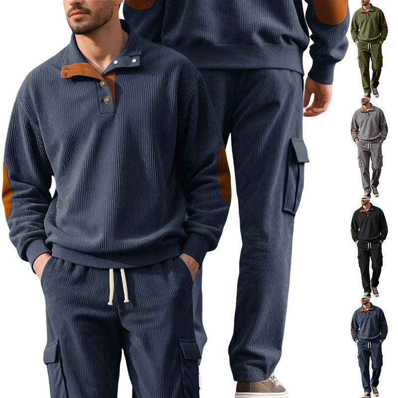 Herren nan strukturierter Troyer-Pullover mit Stehkragen Druckknopfleiste und Velours-Ellenbogenpatch Echo Archiv