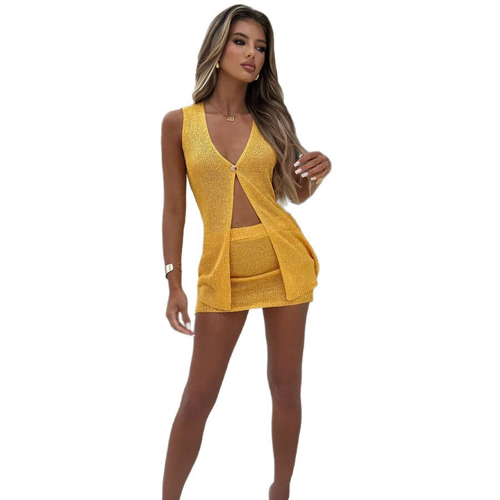 Damen Glitzerndes Strick-Kleid mit durchgehendem Knopfverschluss Echo Archiv