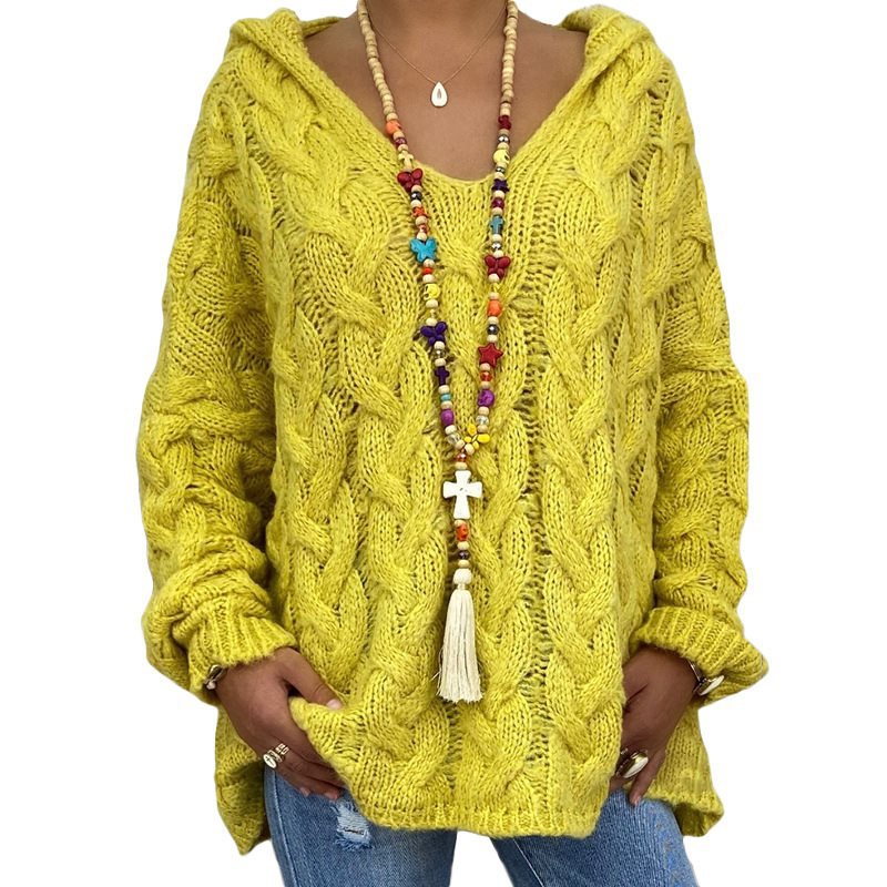 Damen Oversized Zopfmuster-Strickpullover mit Kapuze und lässigem V‑Ausschnitt Echo Archiv