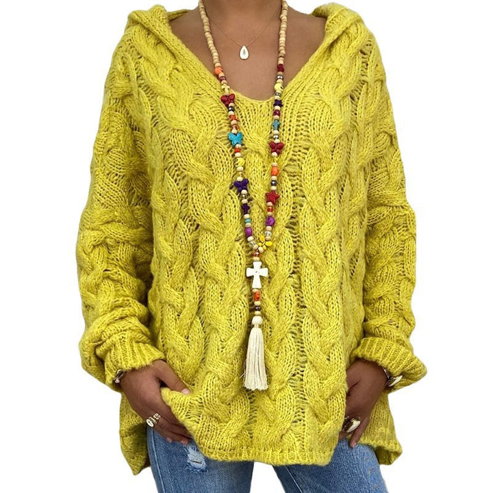 Damen Oversized Zopfmuster-Strickpullover mit Kapuze und lässigem V‑Ausschnitt Echo Archiv