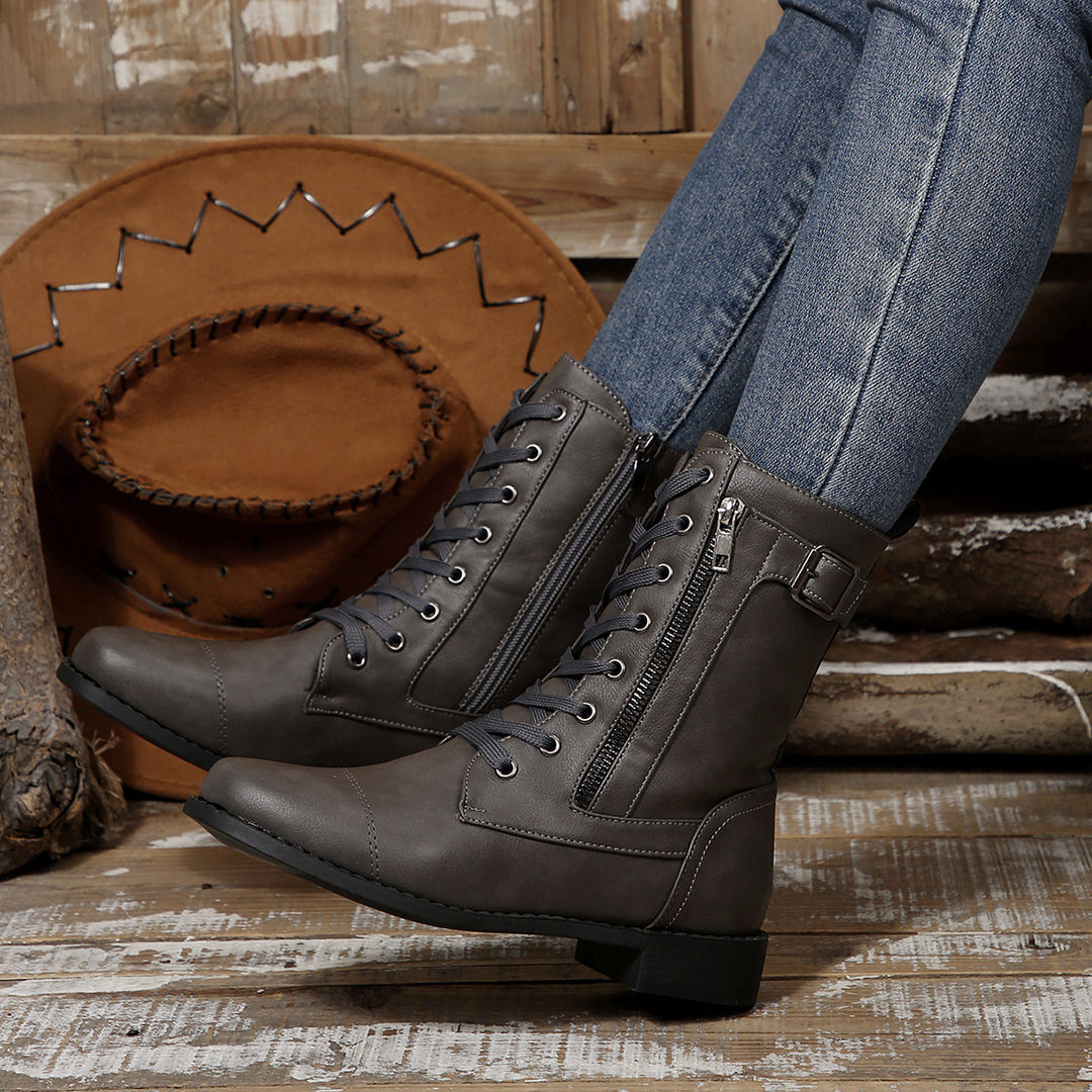 Damen nan robuste Schnür-Bikerstiefelette mit seitlichem Reißverschluss und Ziergurt Echo Archiv