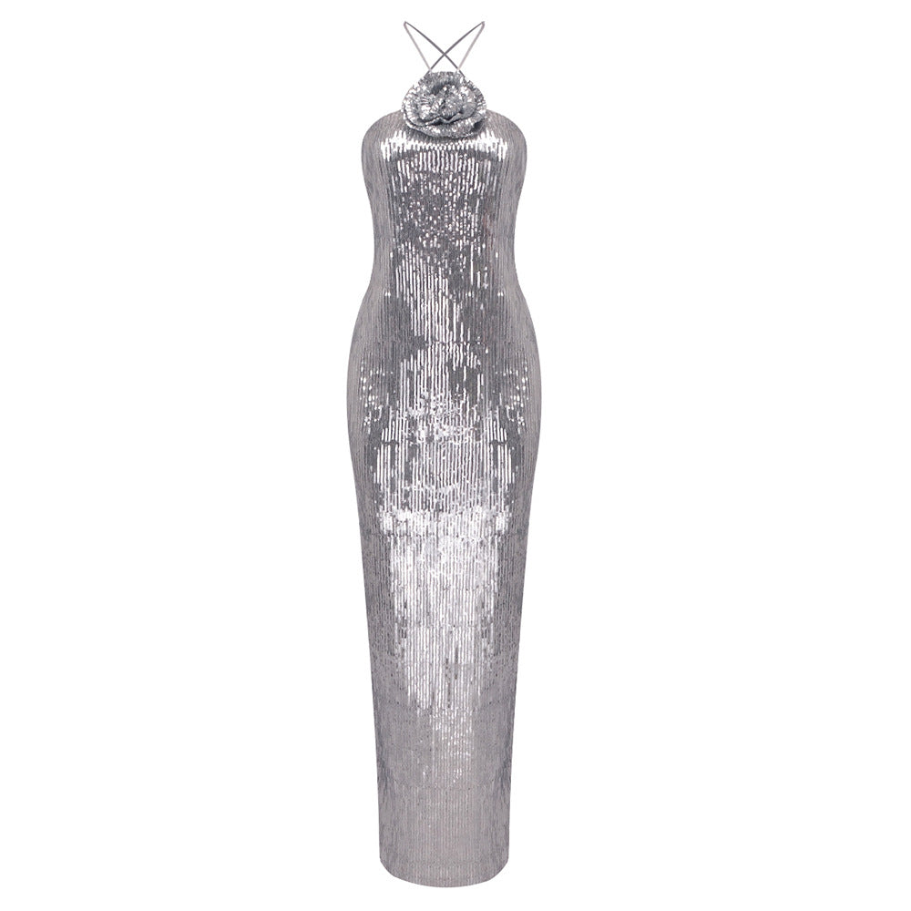 Damen glamouröses Pailletten-Maxikleid mit elegantem Stehkragen Echo Archiv