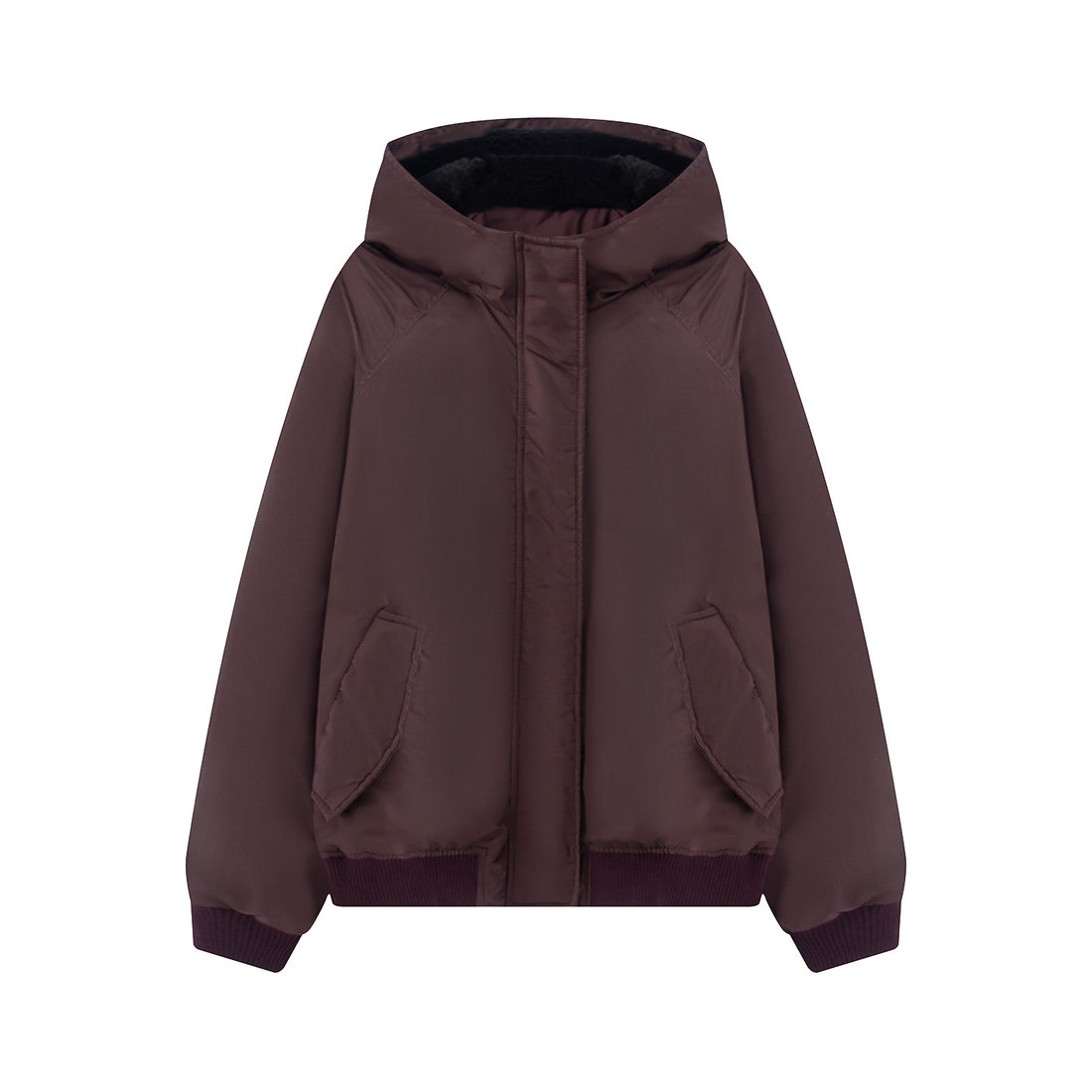 Damen wattierte Kapuzenjacke mit Teddyfutter, verdeckter Reißverschluss und Rippbündchen – Célinea