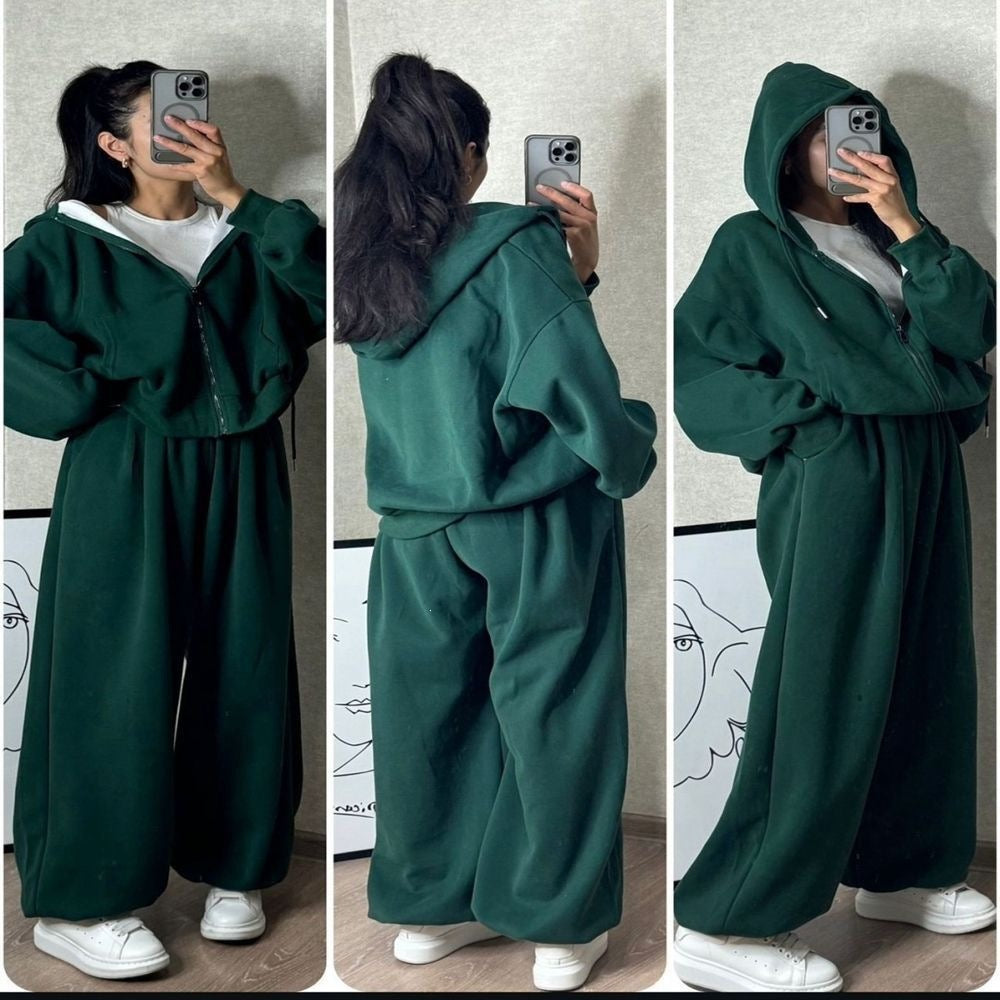 Damen übergroße Kapuzenjacke mit Reißverschluss und weite Jogginghose Lounge Set – Auréline