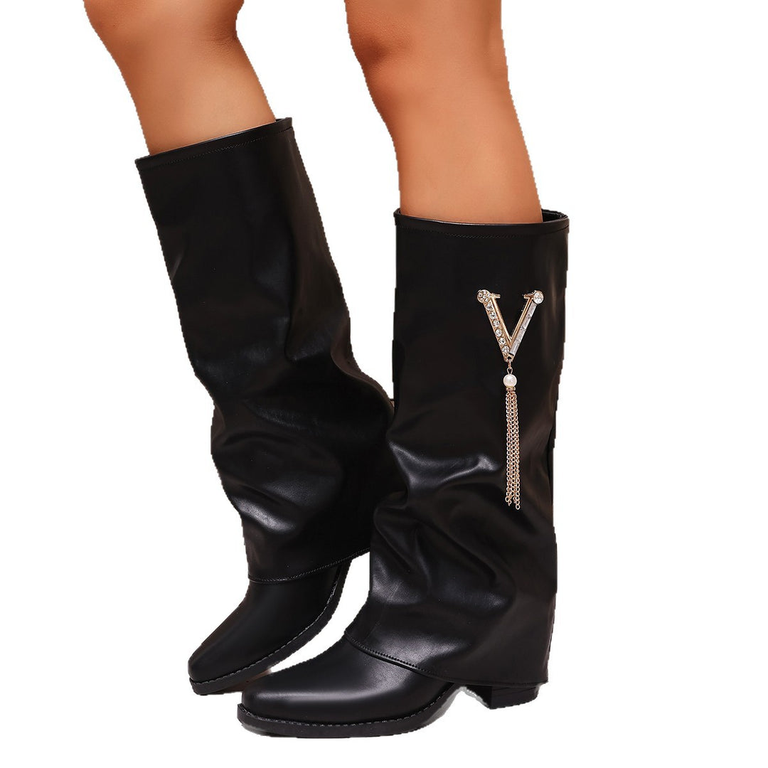 Damen Kniehohe Slouch‑Stiefel mit Strassbesatz und mittlerem Blockabsatz – Lioré