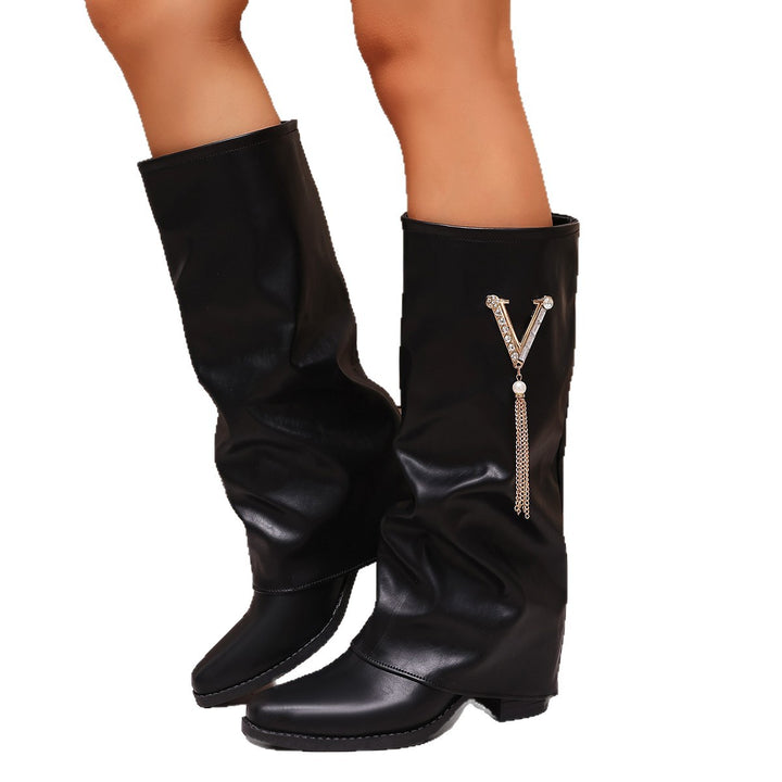 Damen Kniehohe Slouch‑Stiefel mit Strassbesatz und mittlerem Blockabsatz – Lioré