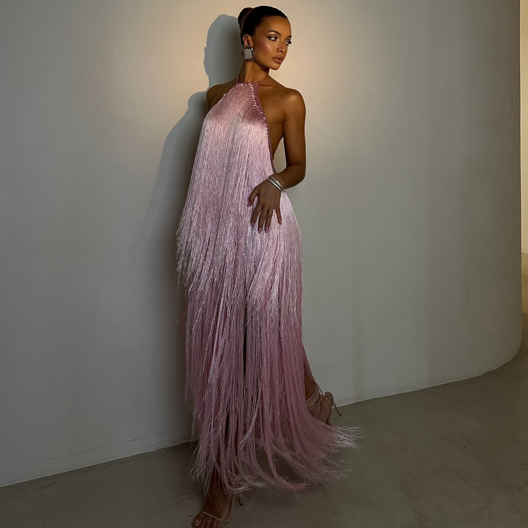 Damen Fransen Maxikleid mit hochgeschlossenem Design und schimmernden Effekten Echo Archiv