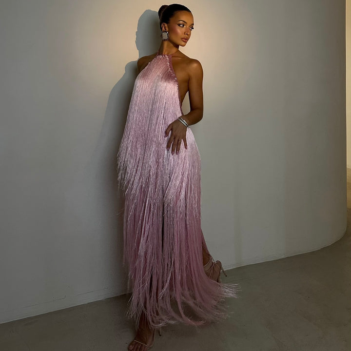 Damen Fransen Maxikleid mit hochgeschlossenem Design und schimmernden Effekten Echo Archiv