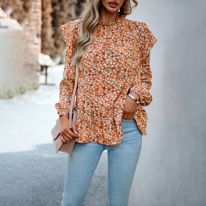 Damen geblümte Chiffon-Bluse mit gerafftem Stehkragen, Volant-Schultern und tailliertem Stufen-Saum – Élovi