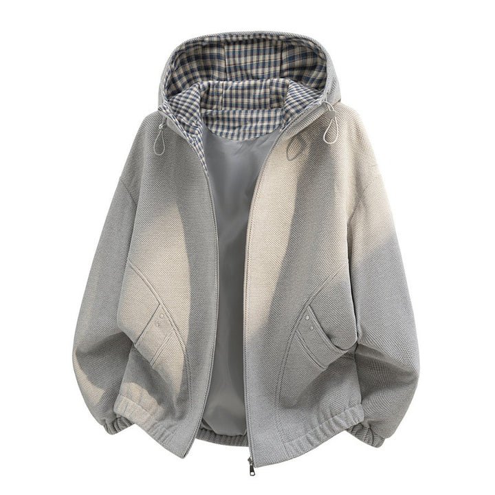 Damen Oversized Fleecejacke mit Kapuze und karierter Innenverkleidung – Célinea