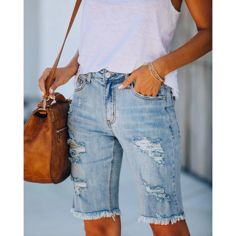 Damen Destroyed Denim Shorts Im Lässigen Schnitt mit Fransigen Säumen Echoarchiv