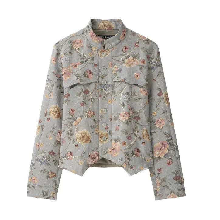 Damen Kurze Jacquard‑Blousonjacke mit Stehkragen, floraler Jacquard‑Stickerei und Pattentaschen Echo Archiv