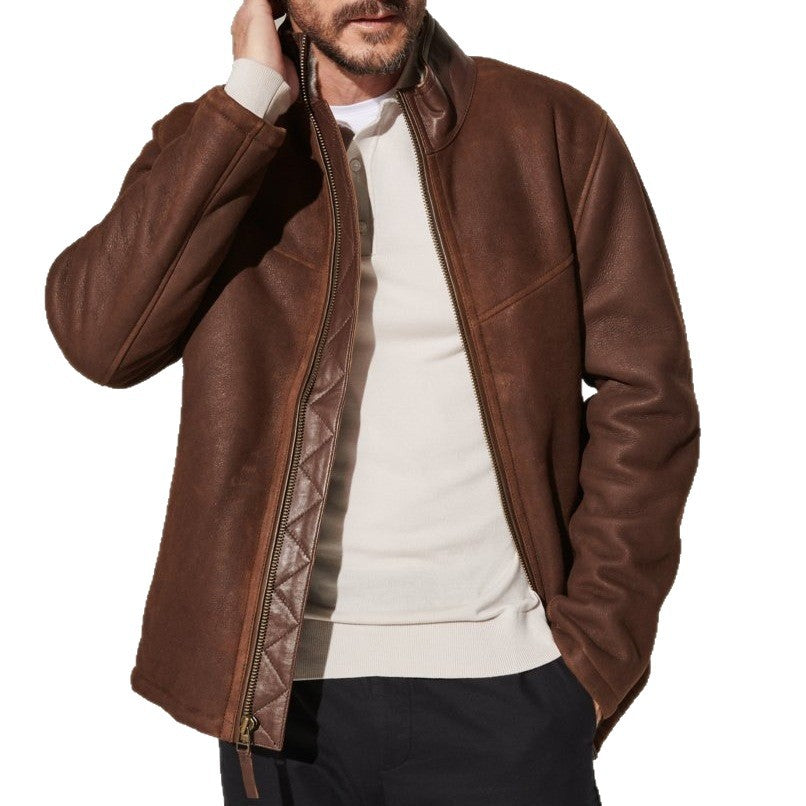 Herren Robuste Lederjacke mit Steppdetails und hohem Kragen Echoarchiv