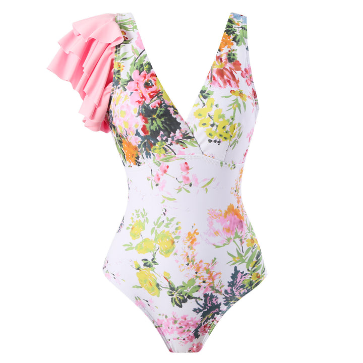 Damen Eleganter Einteiler Badeanzug mit floralen Rüschendetails Echo Archiv