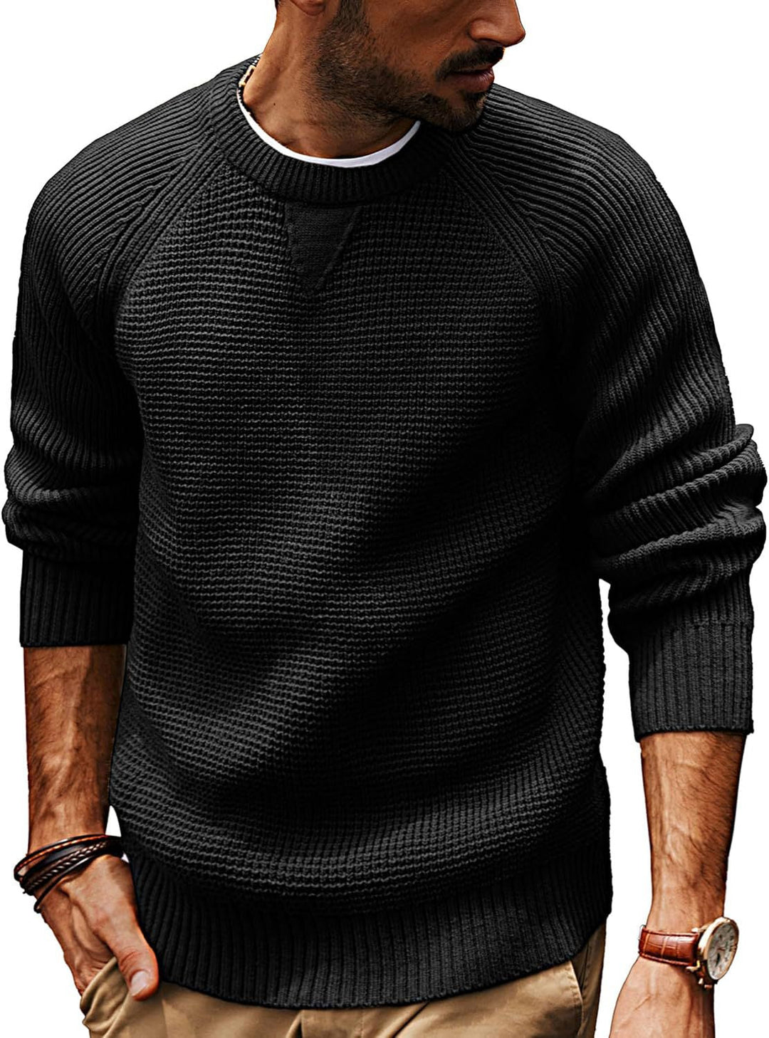 Herren lässiger Strickpullover mit strukturiertem Gewebemuster und Rundhalsausschnitt Echoarchiv
