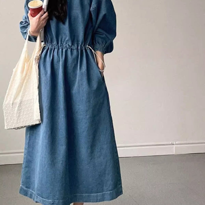 Damen Denim-Midikleid mit Kordelzugtaillierung Echoarchiv