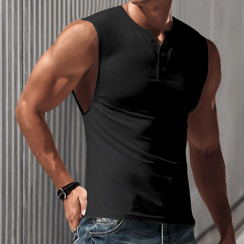 Herren ärmelloses Henley-T-Shirt aus weicher Baumwolle mit dekorativen Knöpfen Echoarchiv