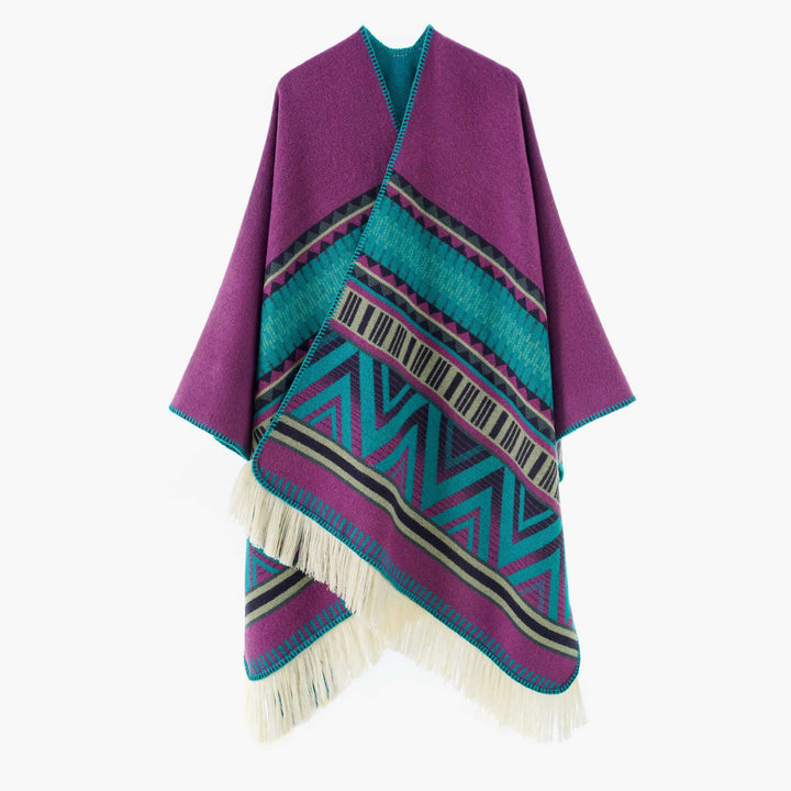 Damen Jacquard‑Ruana mit Fransen und folklorem Muster – Avérine