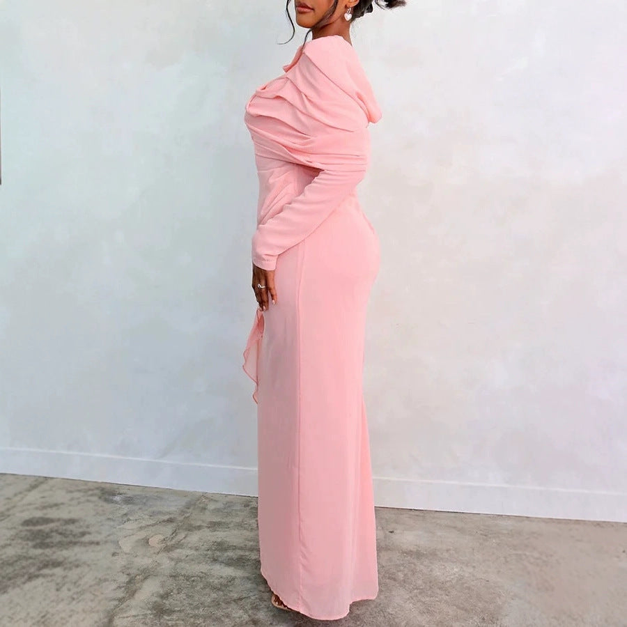 Damen Glamouröses Langarmkleid mit drapiertem Oberteil und fließendem Schnitt Echoarchiv