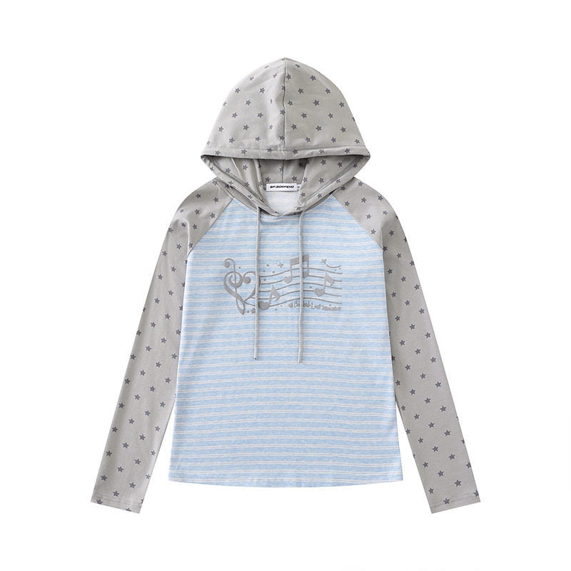 Damen Kapuzen-Langarmshirt im Raglanstil mit Sternärmeln und Noten-Print Echoarchiv