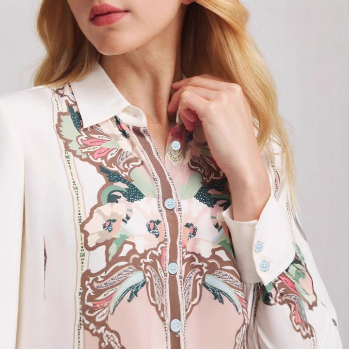 Damen Gemusterte Seidenoptik-Hemdbluse mit Ballonärmeln – Avérine