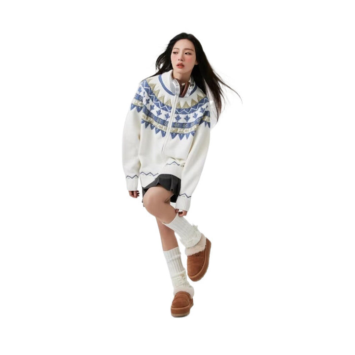 Damen Lässige Strick-Zipjacke mit Jacquard-Yoke und Rippbündchen Echoarchiv