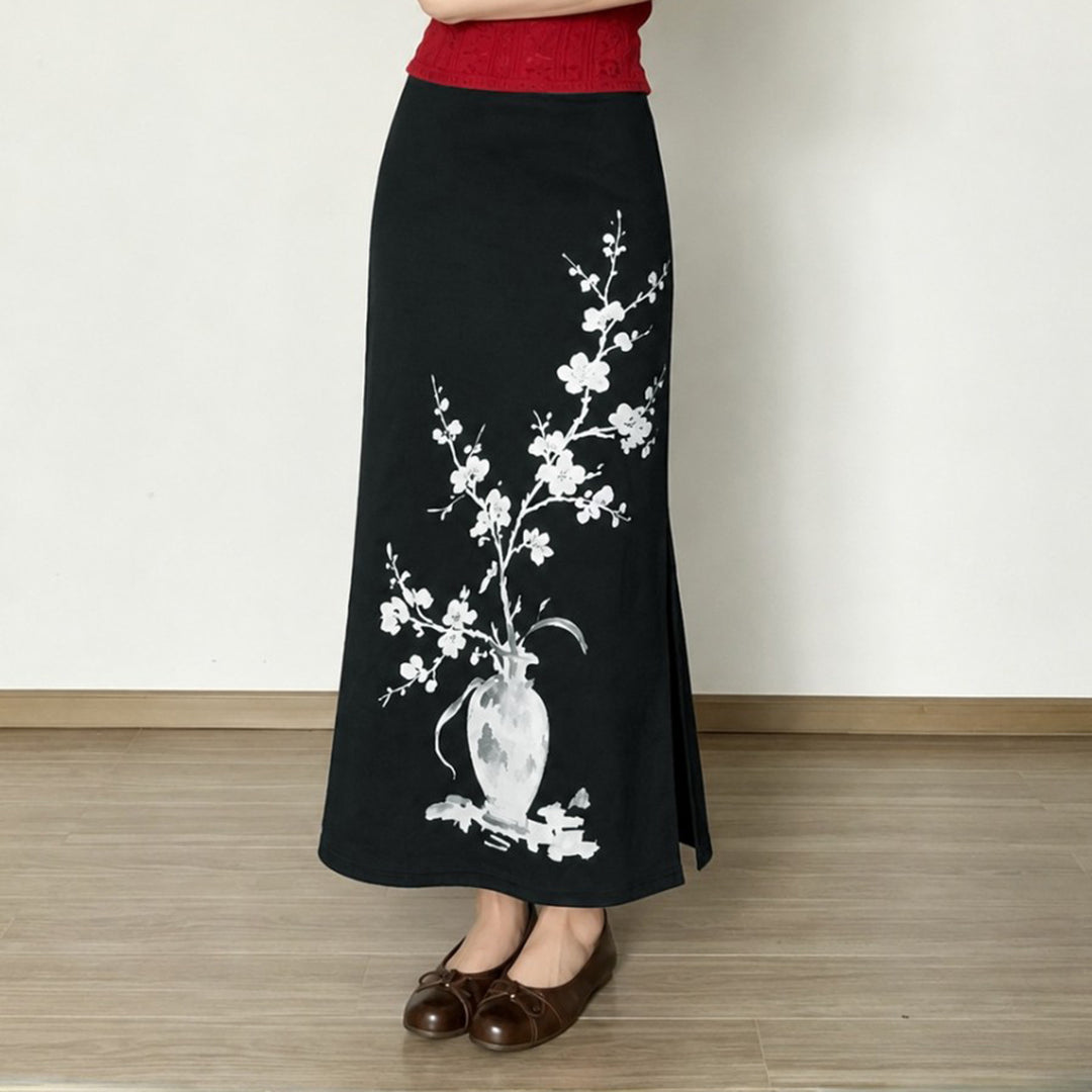 Damen nan ausgestellter Maxi-Rock mit A-Linien-Schnitt, elastischem Bund und floraler Aquarell-Vasen-Print Echo Archiv