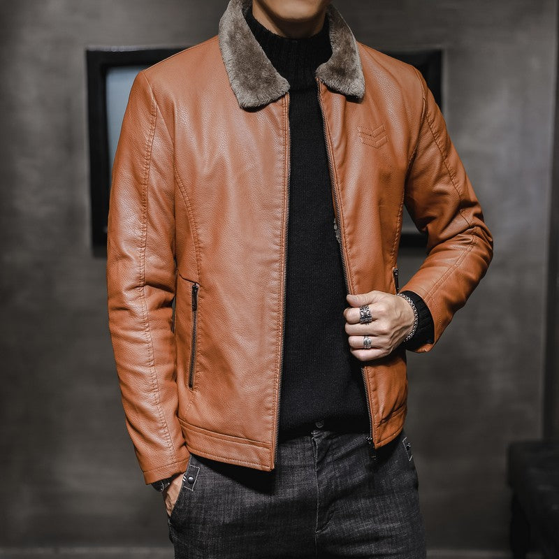 Herren Modische Lederjacke mit Kunstfellkragen Echo Archiv
