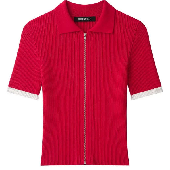 Damen Feinstrick-Poloshirt-Cardigan mit kurzem Arm und durchgehendem Reißverschluss Echo Archiv
