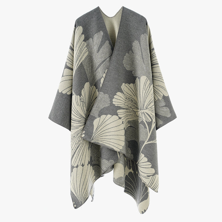 Damen Jacquard‑Capeponcho mit großflächigem Blatt‑Jacquard und offenem Wickelschnitt – Montévia