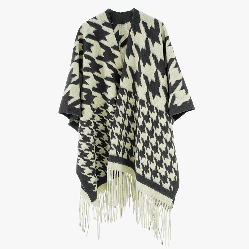 Damen Wollmix-Poncho mit Hahnentritt-Muster und Fransensaum – Célinea