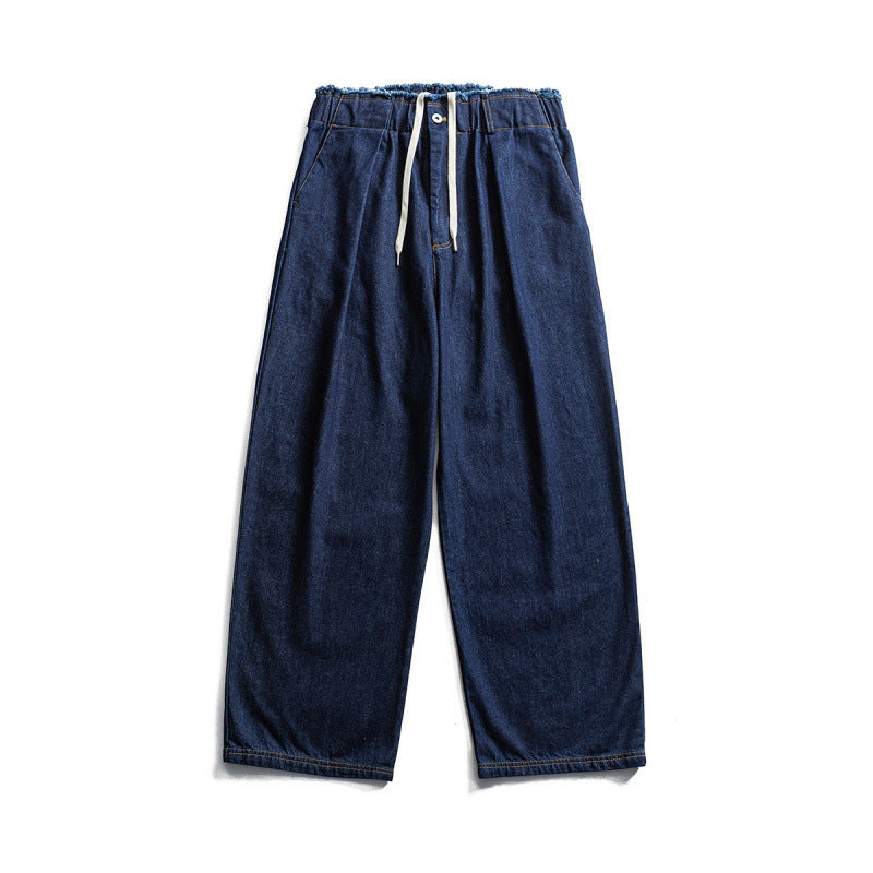 Unisex Weite Denim‑Hose mit elastischem Bund, Kordelzug und Plissee‑Falten Echo Archiv