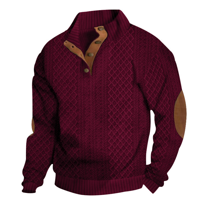 Herren nan grob gestrickter Strickpullover mit Schalkragen, Knopfleiste und Ellbogenpatches Echo Archiv