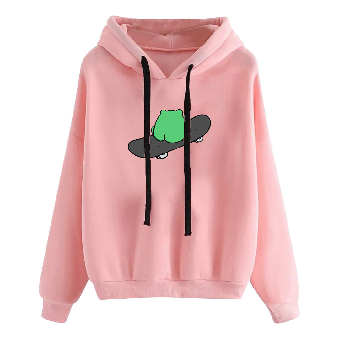 Damen kurz geschnittener Cropped-Kapuzenpullover mit niedlicher Frosch-Illustration und verstellbarer Kapuze – Auréline