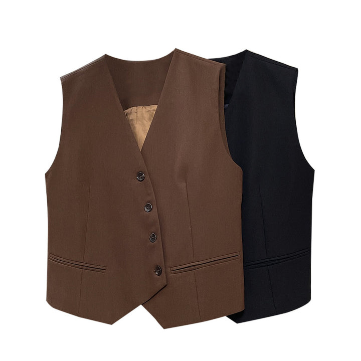 Damen Maßgeschneiderte Tailoring-Weste mit V‑Ausschnitt, vierknopfiger Front und paspelierten Eingrifftaschen Echoarchiv