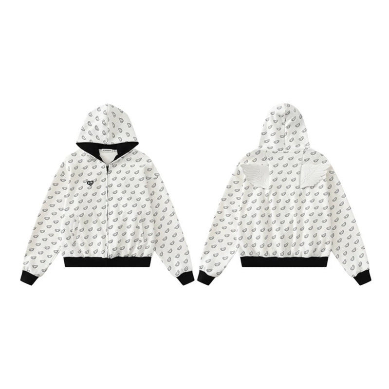 Damen Kapuzensweatjacke mit Allover‑Flügelmotiv, durchgehendem Reißverschluss und kontrastierenden Bündchen Echoarchiv