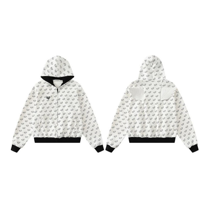 Damen Kapuzensweatjacke mit Allover‑Flügelmotiv, durchgehendem Reißverschluss und kontrastierenden Bündchen Echoarchiv