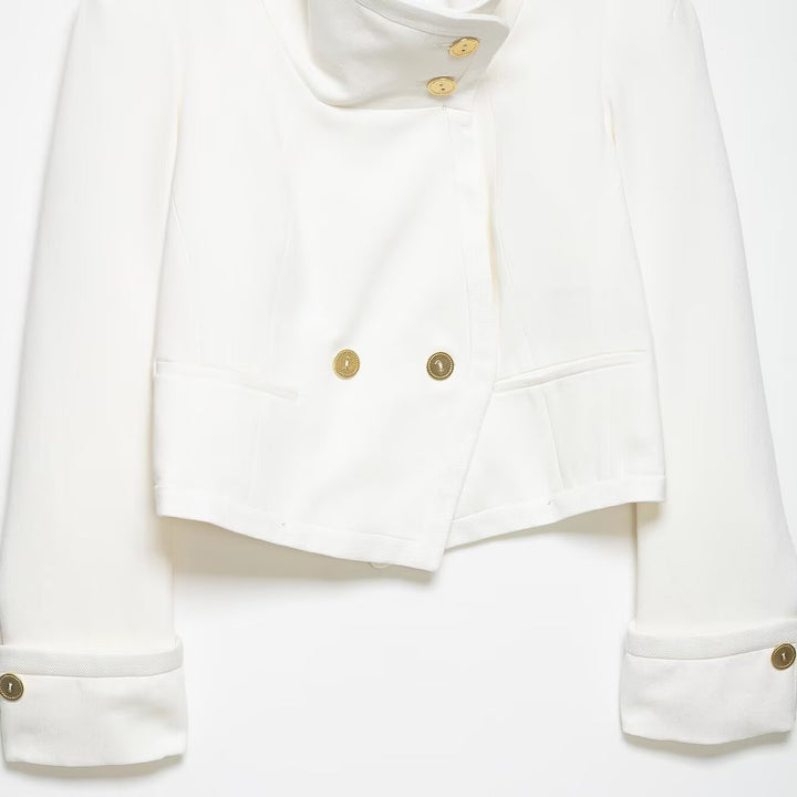 Damen Cropped-Blazer mit hohem Stehkragen, doppelreihiger Knopfleiste und Ziermanschetten Echo Archiv