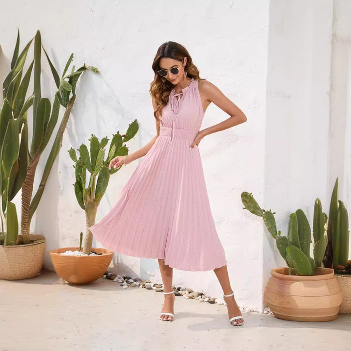 Damen Plissiertes Midikleid mit elegantem Schlitz und verstellbarem Kragen Echo Archiv